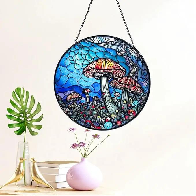 Stained Glass Window Hanging - 7.8‘’ "Enchanted Forest Mushroom Suncatcher for Home and Office Décor Sun Catcher Circular Artwork by GreenHaven Gardens
