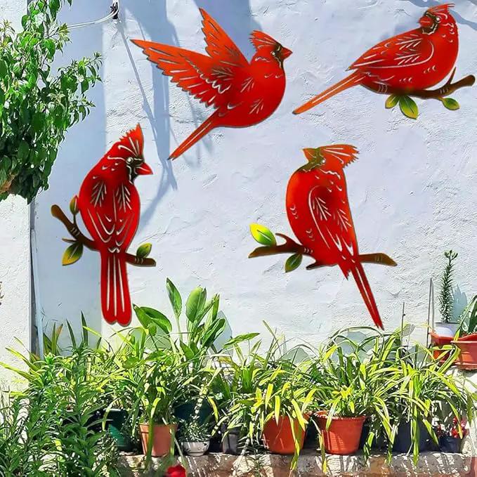 4 Pack Metal Cardinal Wall Art Decor Metal Birds 3D Outdoor Sculpture, Ornaments Hand-Made Nimble red Bird, Gifts for Mom,Birthday Gifts for Grandma Wife by GreenHaven Gardens