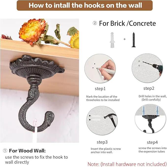 Sungmor Heavy Duty Ceiling Hooks for Hanging Plants, 2PC Black 3.5x3.9Inch Large Cast Iron Ceiling Hooks, Antique Decorative Ceiling Swag Hooks for Hanging Planter Chandelier Wind Chime Lantern Hanger by GreenHaven Gardens