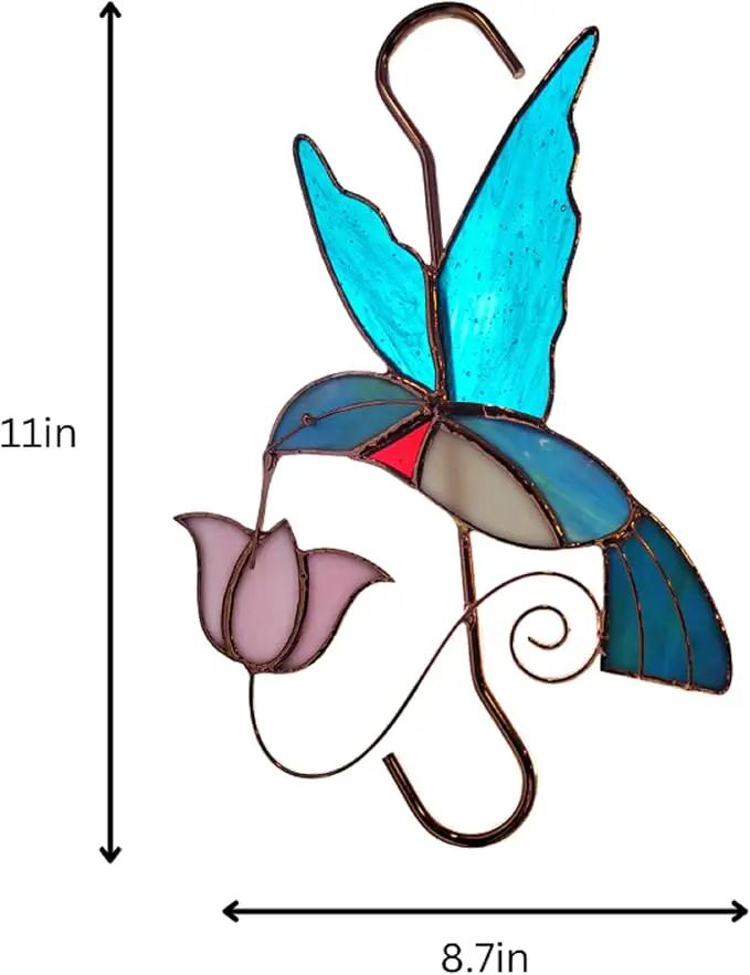 Plant Hanger Hook - Hummingbird with Pink Flower - Stained Glass Sun Catcher Plant Hook for Indoor and Outdoor Use - Copper S Hooks Top and Bottom by GreenHaven Gardens
