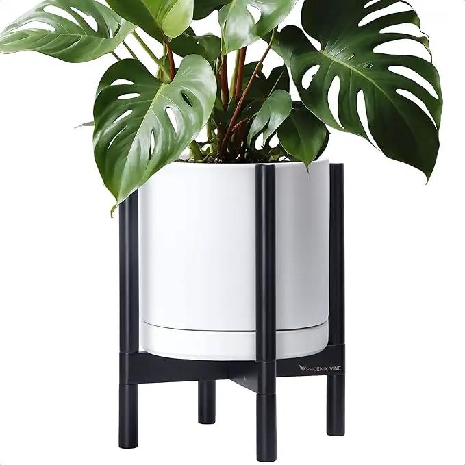 D'vine Dev Ceramic Planter with Ebony Stand - 12 Inch Modern Round Flower Pot with Wood Planter Holder, White, 55-B-H-1 by GreenHaven Gardens