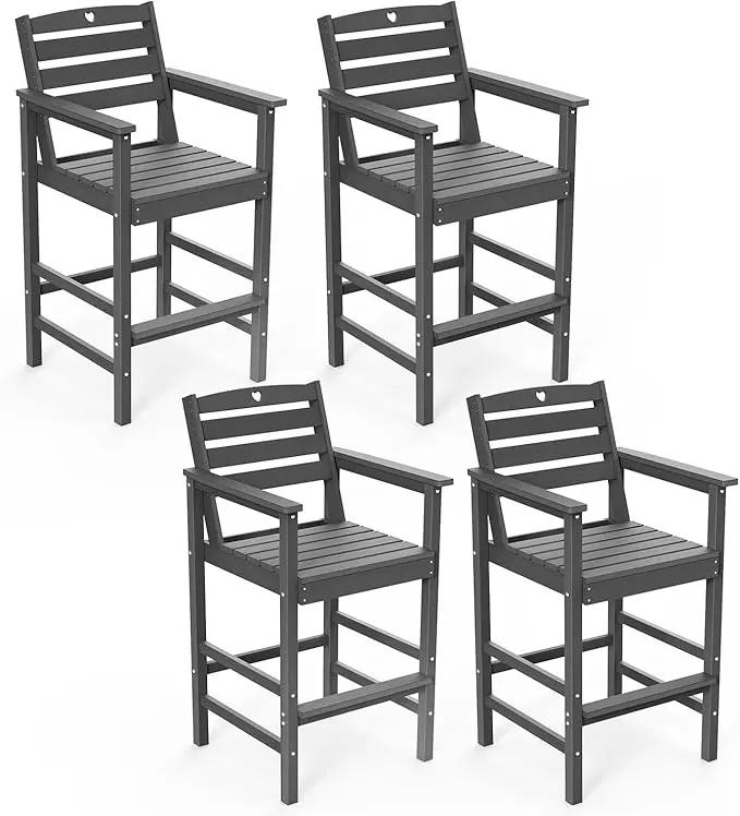 Tall Adirondack Chairs Set of 4, HDPE Wood Balcony Adirondack Chairs Set with Heart Cutout Design, Weather-Resistant Bar Height Furniture for Deck, Porch, Pool (Grey) by GreenHaven Gardens