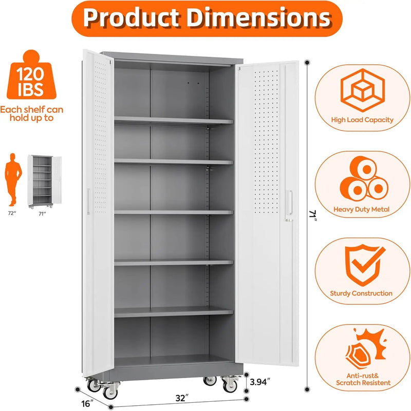 Aobabo 71" H x 32" W x 16" D Metal Storage Cabinet with Wheels, Garage Steel Storage Cabinet with 5 Adjustable Shelves and 4 Hooks for Home Office School, Assembly Required, Grey White by GreenHaven Gardens