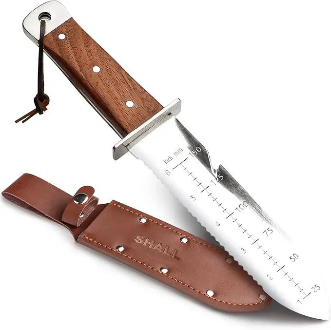 SHALL Hori Hori, Japanese Garden Knife, Soil Knife with Leather Sheath, Rosewood Handle & Hide Rope, 7” Stainless Steel Blade, Rope Cutting Edge, for Digging, Weeding, Planting, Full-Tang by GreenHaven Gardens