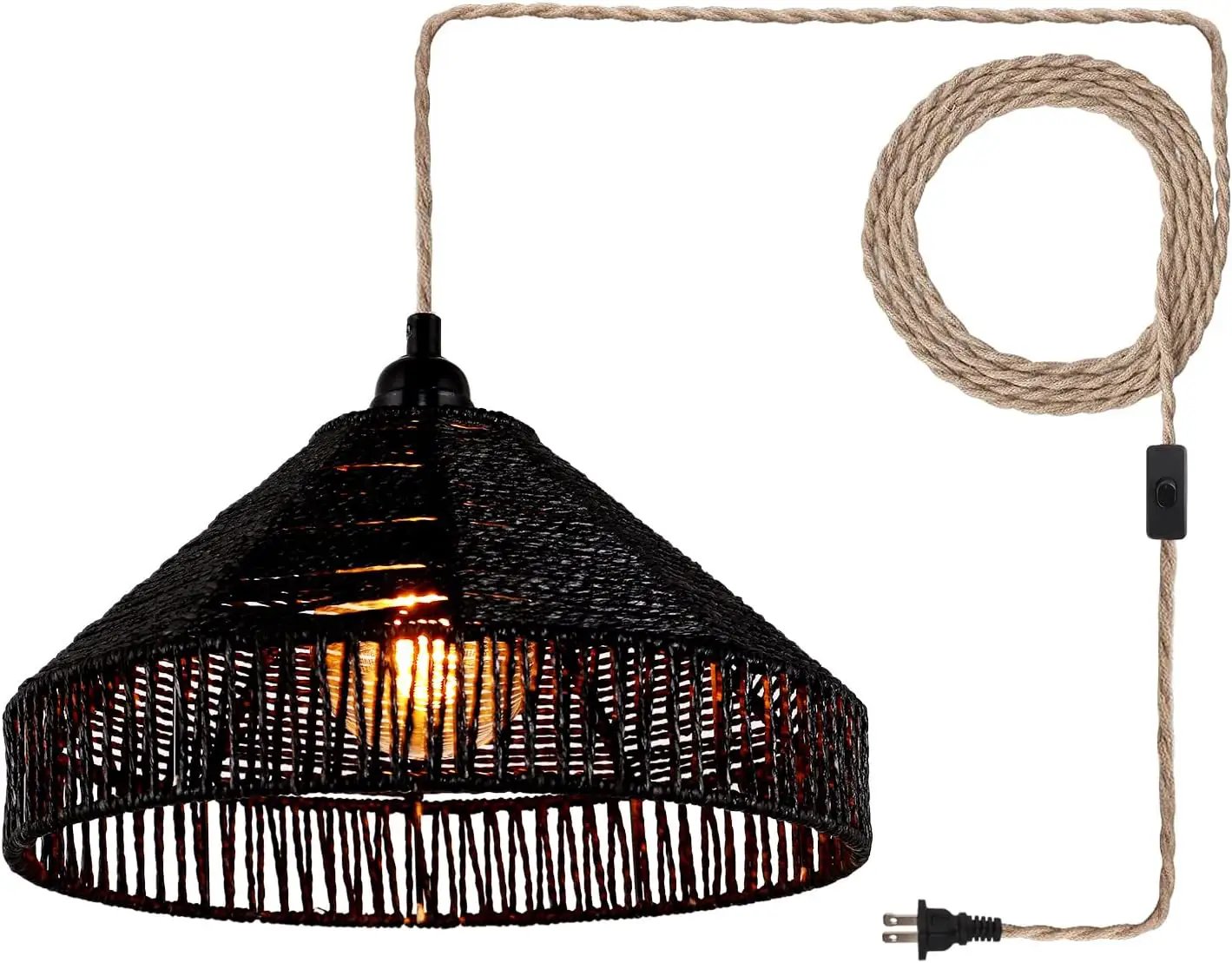 Plug in Pendant Light Rattan Hanging Lamp with On/Off Switch 15 Ft Hemp Rope Modern Woven Pendant Light Fixtures 12" Handwoven Rattan Basket Shade Boho by GreenHaven Gardens