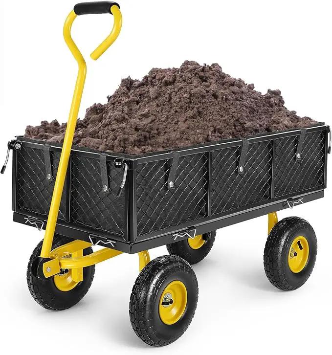 Homdox MAX 880 Lbs Garden Cart, Heavy Duty Foldable Mesh Steel Garden Wagon with 180° Rotating Handle and 10 Inch Tires, Pullable Yard Cart for Yard Garden Beach Farm, Yellow with Bag by GreenHaven Gardens