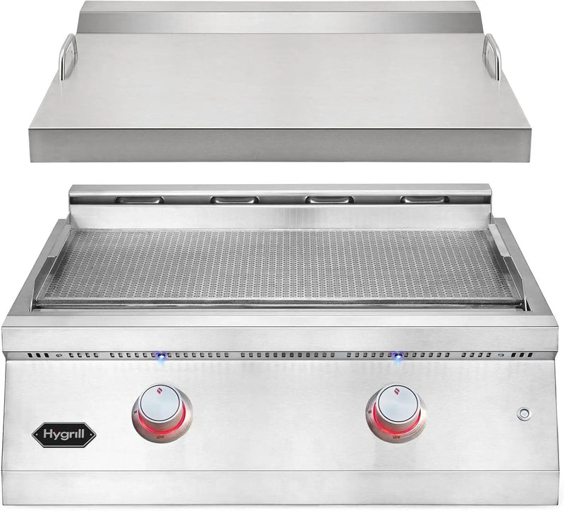Hygrill 30-Inch Premium Built-In Natural Gas Griddle for Outdoor Kitchen, Durable 304 Stainless Steel 2-Burner Flat Top Grill with Lid and LED lights by GreenHaven Gardens