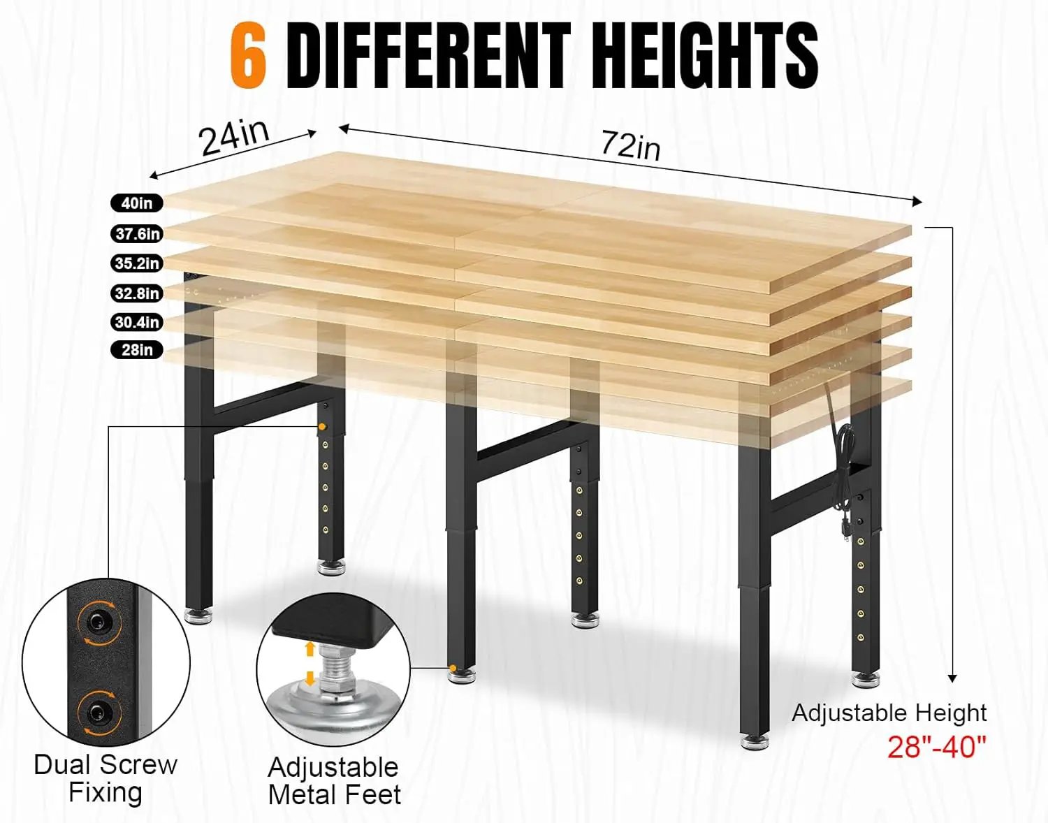 72” Adjustable Height Workbench, 5000 LBS Heavy Duty Table Rubber Wood Workstation with Power Outlet & Pegboard for Garage, Office, Workshop, Home,Commercial by GreenHaven Gardens