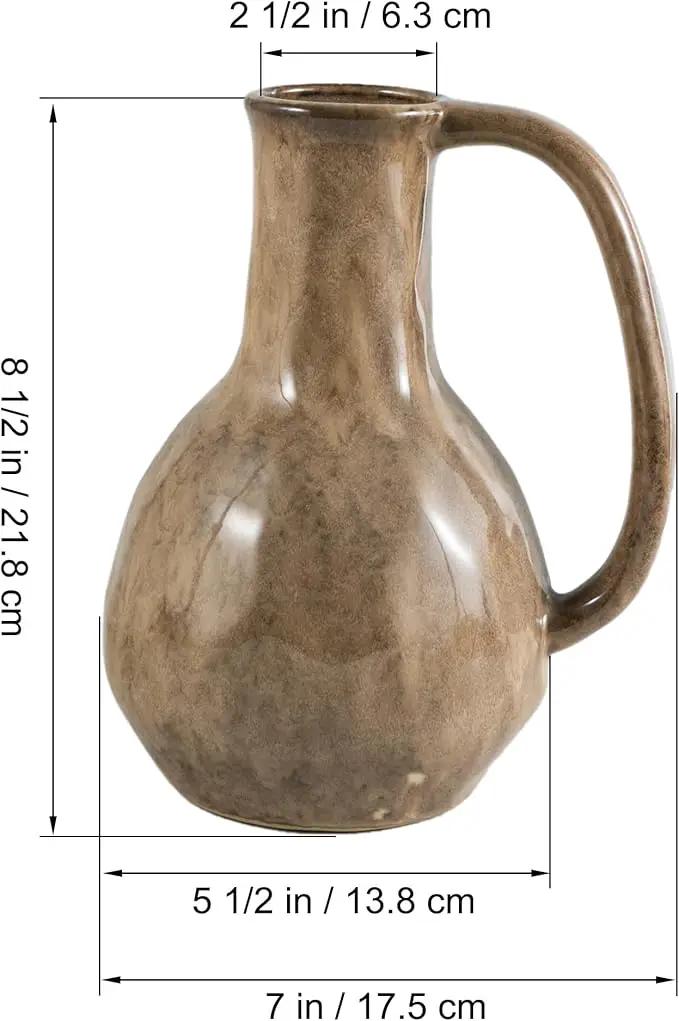 Brown Ceramic Vase with Big Handles, Modern Farmhouse Decor, Rustic Pottery for Flowers, Decorative Terracotta Centerpiece for Dining Table by GreenHaven Gardens