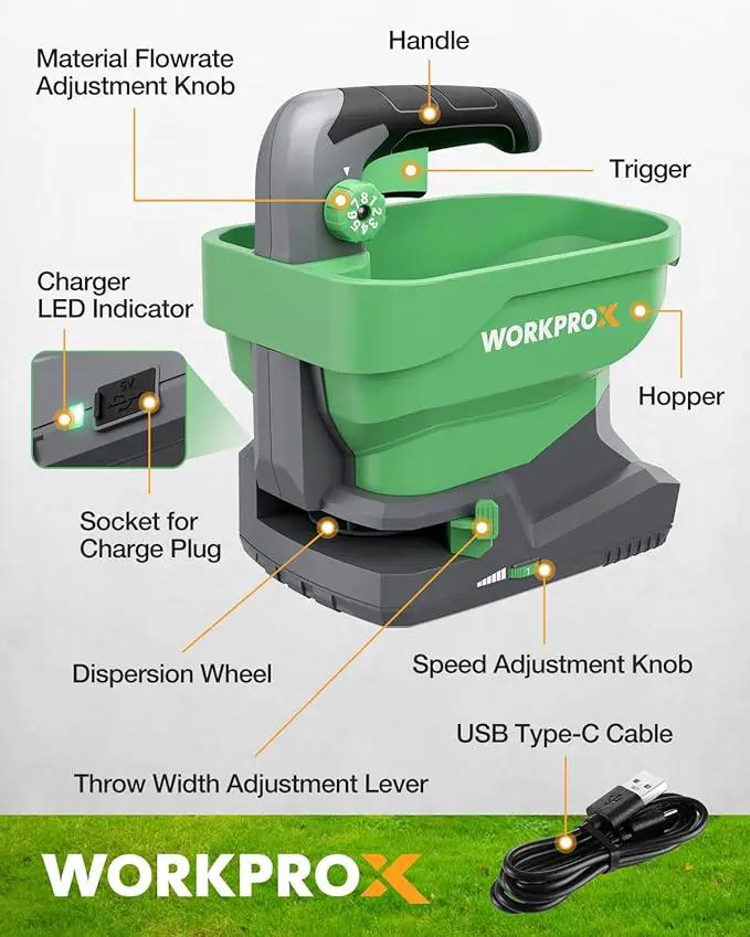 WORKPROX Battery Powered Fertilizer Spreader, 7.2V Seed Spreader for Salt, De-Icer, Earth Food, Rechargeable Grass Seed Spreader with 8-Level Settings and Holds up to 6458 sq.ft. of Product by GreenHaven Gardens