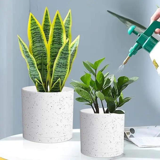 12/10/8 inch Large Plant Pots, 3 Pack Cylinder Deep Flower Pots for Outdoor Indoor Plants, Tall Plastic Planters with Drainage Holes and Saucers for Garden House Plants, Speckled White by GreenHaven Gardens