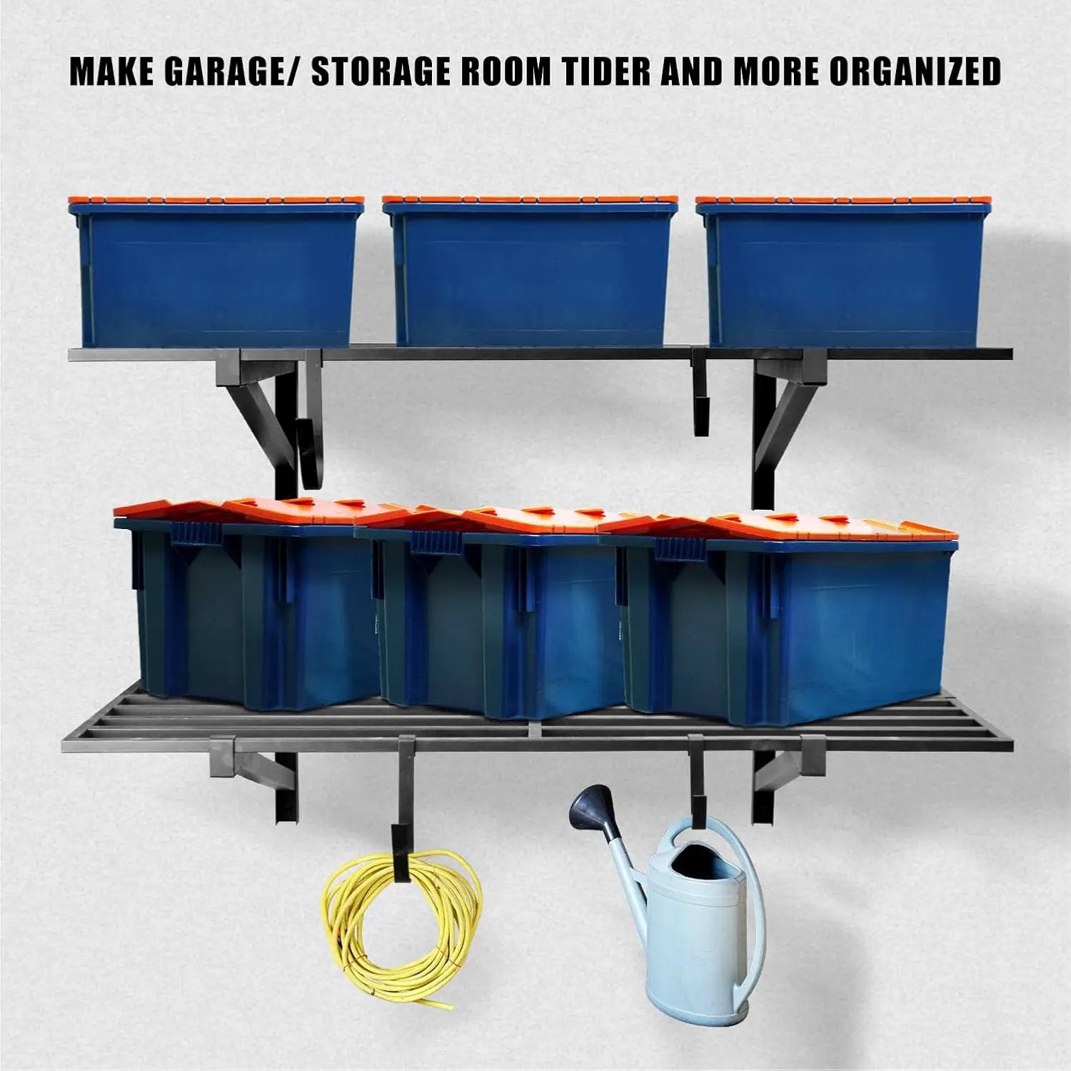 2 Pack Heavy Duty Garage Wall Shelving, 2' x 4' Wall Mount Storage Shelf, Holds 200 lbs Each, Garage Shelving Wall Mounted, Storage Rack with Hooks (Black) by GreenHaven Gardens