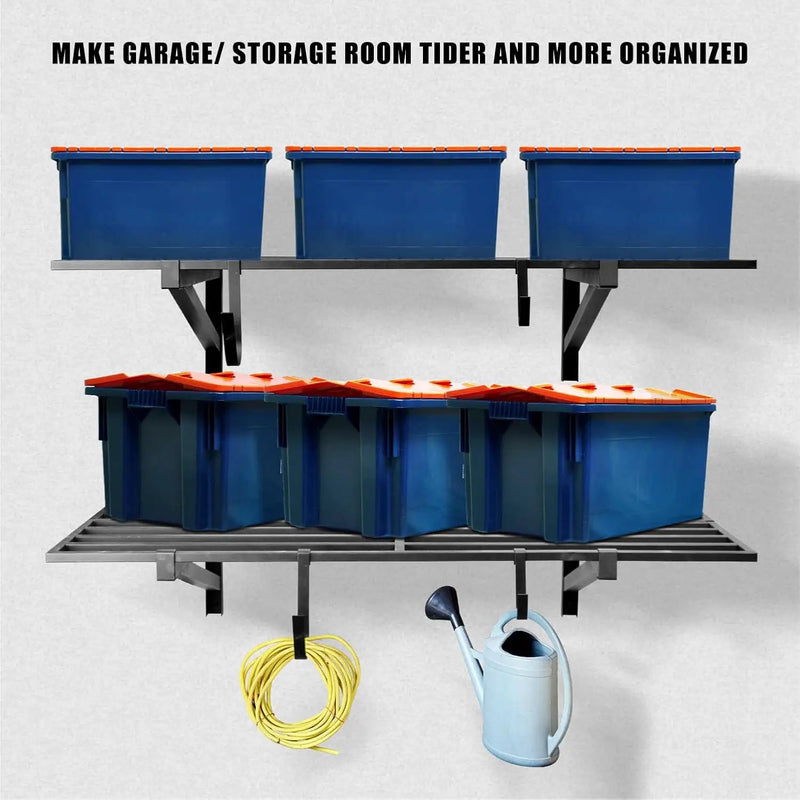 2 Pack Heavy Duty Garage Wall Shelving, 2' x 4' Wall Mount Storage Shelf, Holds 200 lbs Each, Garage Shelving Wall Mounted, Storage Rack with Hooks (Black) by GreenHaven Gardens