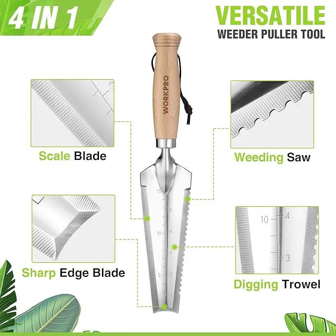 WORKPRO 12.5" Weeder Puller Tool with Wood Handle, 4-in-1 Polished Stainless Steel Garden Trowel, Hori Hori Garden Knife for Easy Weeder Removal, Planting, Weeding, Small Gardening Hand Tools by GreenHaven Gardens