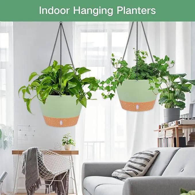 QCQHDU 2 Pack 10 inch Hanging Planters for Indoor Plants, Outdoor Hanging Baskets, Self Watering Pots with Drainage Holes & Removable Tray (Green, 10 inch) by GreenHaven Gardens