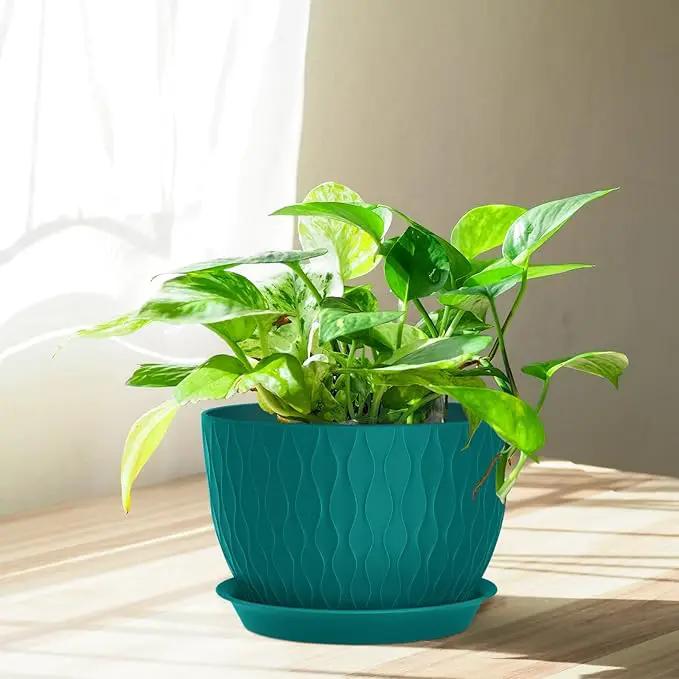 Plant Pots 12/10/9 Inch Pots, Set of 3 Plastic Planters with Drainage Holes and Saucers,Plastic Flower Pots,Nursery Planting Pot for Indoor Out Door Plants（Teal） by GreenHaven Gardens