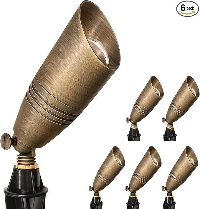 GKOLED 6 Pack Solid Brass Landscape Spotlight, 12V AC/DC Outdoor Low Voltage Landscape Lights, Garden Patio Trees Spot Up Light, Directional LED Uplight Waterproof Fixture with ABS Spike, No MR16 Bulb by GreenHaven Gardens
