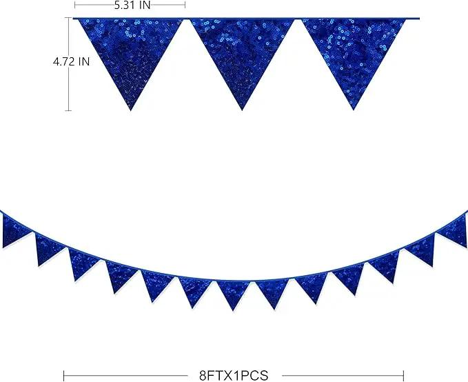 pinkblume Royal Blue Decorations Double Sided Sequin Navy Blue Fabric Triangle Pennant Banner Flag Bunting Garland for Blue Nautical Ahoy Achor Theme Nursery Classroom Home Bedroom Wall Decor by GreenHaven Gardens