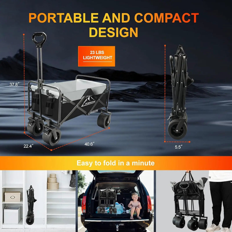 Collapsible Foldable Wagon, Utility Large Capacity Beach Wagon with Big Wheels, Shopping Cart with Side Pocket and Brakes for Sand, Garden, Grocery, Sports, Camping, Black by GreenHaven Gardens