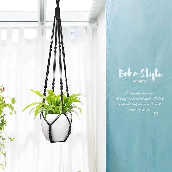 Mkono 43 Inch Macrame Plant Hanger Large for up to 12 Inch Pot Extra Long Hanging Plant Holder No Tassels Hanging Planter Basket with Wood Beads for Indoor Outdoor Boho Home Decor, Black by GreenHaven Gardens