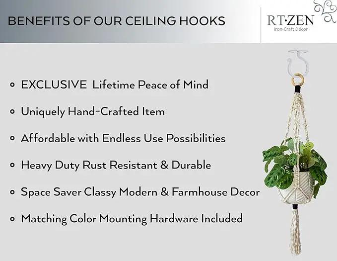 RTZEN Plant Hangers Outdoor or Indoor - Wrought Iron Metal Hanger Indoor Hook - Heavy Duty Wall Bracket Hooks for Hanging Plants Baskets Lanterns Wind Chimes - 2 Pack (White Ceiling Hooks) by GreenHaven Gardens