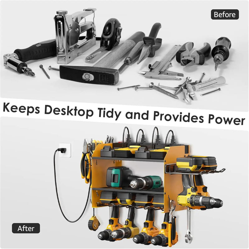 CCCEI Modular Power Tool Organizer Wall Mount Charging Station, Yellow 6 Drills Holder with 8 Plug Power Strip, Garage Drill Battery Heavy Duty Metal Shelf, Utility Rack with Hooks, Side Storage. by GreenHaven Gardens