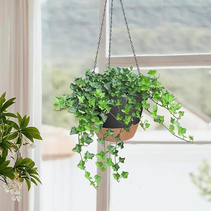 10/9/8 Inch Hanging Planter for Indoor Outdoor Plants, 3 Pack Self-Watering Hanging Pot with Drainage Holes Hanging Planter Baskets Plant Pots with Removable Tray (Black+Brown) by GreenHaven Gardens