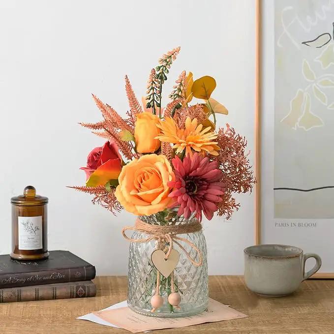 Artificial Flowers with Vase, Faux Silk Flowers Arrangement in Vase, Rustic Home Office Decorations, Farmhouse Dining Table Decor, Coffee Table Centerpiece, Fall Table Plant Decor by GreenHaven Gardens