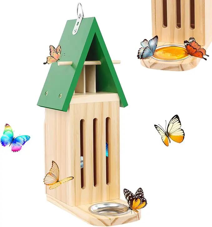Butterfly House and Feeder for Outside, Wooden Butterfly House for Garden, Natural Butterfly Habitat with Butterfly Puddler on The Floor or Hanging on Tree Wall by GreenHaven Gardens