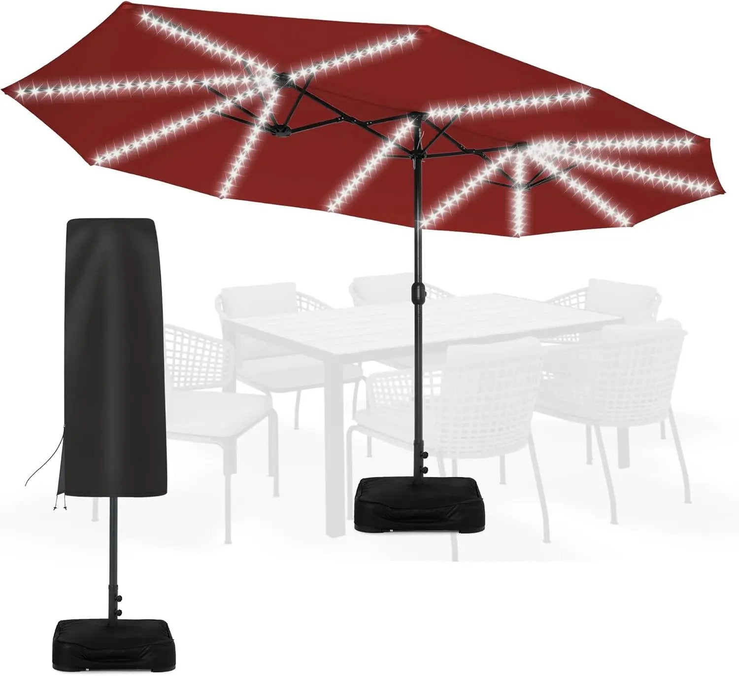Sundale Outdoor Solar 144 LED 15 ft Patio Umbrella with Sandbag Base Included and Cover, Outdoor Double-Sided Umbrella, Red by GreenHaven Gardens