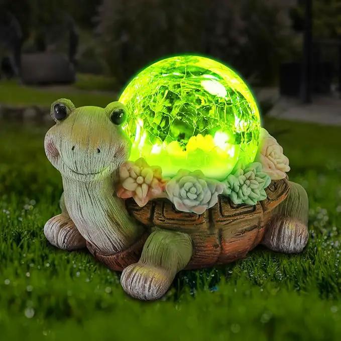 Solar Turtle Garden Statue Lights for Outdoor Decor with Cracked Glass LED Figurine Lighting Resin Succulent Tortoise Decorations Patio Lawn Yard Housewarming Mom Gifts by GreenHaven Gardens