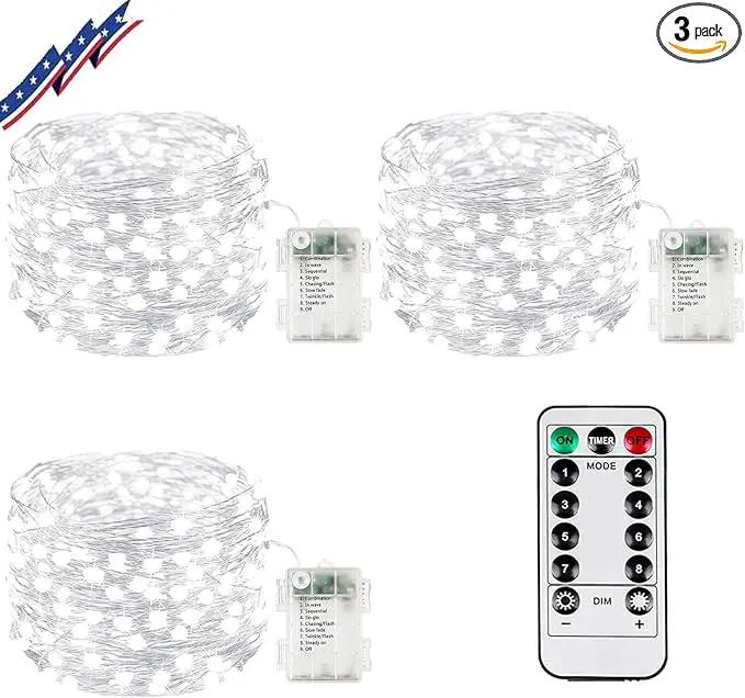 3Pack 99Ft 300LED Fairy Lights Battery Operated with Remote, Waterproof String Lights with Timer for Indoor & Outdoor, Twinkle Lights Battery Powered for Bedroom Wedding Christmas Decor (Cool White) by GreenHaven Gardens