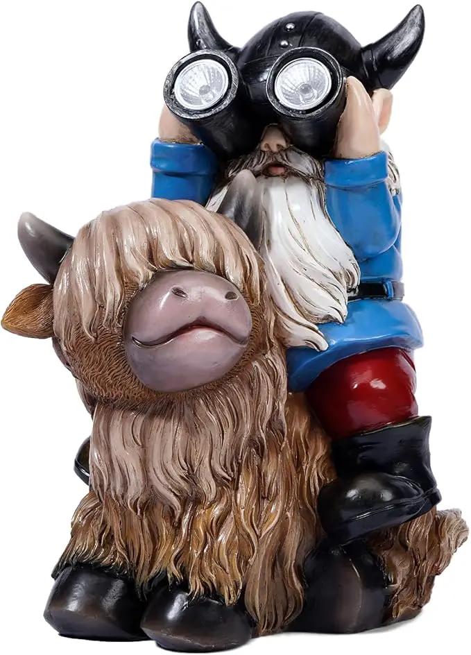Garden Gnome Statues Resin Gnome Sitting on Highland Cow Solar Lights Outdoor Telescope Gnome Gifts for Yard, Patio Decor Gift(Cow Gnome) by GreenHaven Gardens