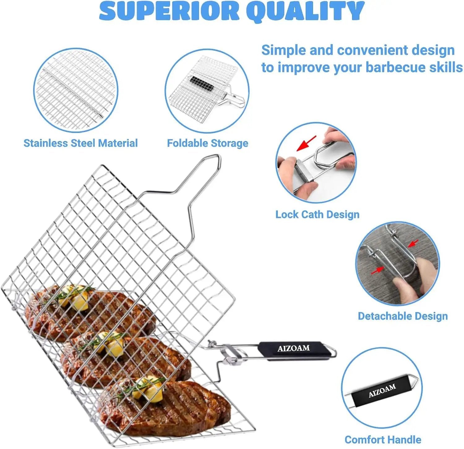 Shallow Grill Basket Fish Grill Basket, Fish Grilling Basket BBQ Fish Grill Baskets for Outdoor Grill,Grill Basket with Removable Handle. Perfect for Grilling Fish Fillets by GreenHaven Gardens