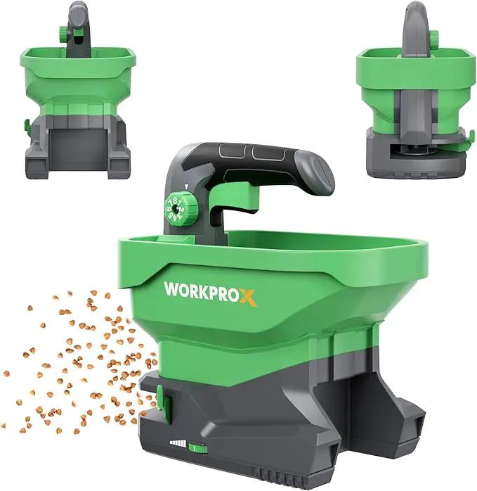 WORKPROX Battery Powered Fertilizer Spreader, 7.2V Seed Spreader for Salt, De-Icer, Earth Food, Rechargeable Grass Seed Spreader with 8-Level Settings and Holds up to 6458 sq.ft. of Product by GreenHaven Gardens