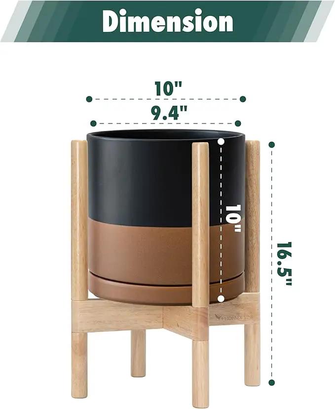 D'vine Dev Ceramic Planter with Natural Stand - 10 Inch Modern Round Flower Pot with Wood Planter Holder, Black/Speckled Tan, 55-B-K-7 by GreenHaven Gardens
