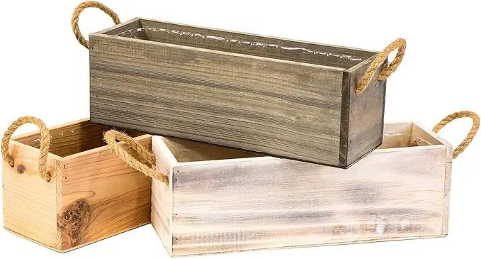 Wooden Planter Box with Handle, Rustic Whitewash, Plastic Liner l Garden Decor l Restaurant and Wedding Decorations l Table Centerpiece (12x4 w Handle Set of 4, Whitewash) by GreenHaven Gardens