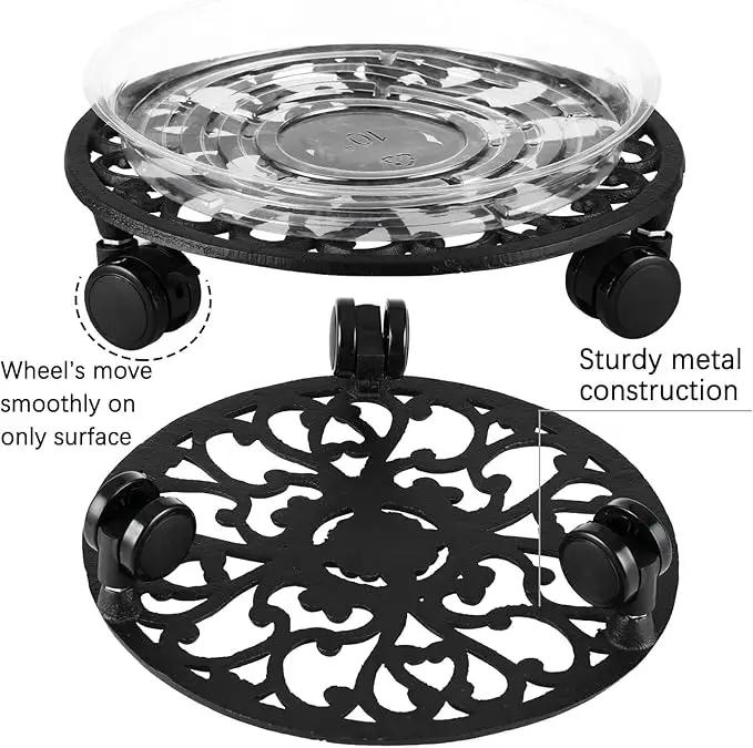 11 Inch Rolling Plant Stand with Wheels Wrought Iron Rolling Plant Stand with Casters Heavy Duty for Indoor Plants Rollers with Plant Saucers, Metal Round Plant Dolly 1 Pack by GreenHaven Gardens