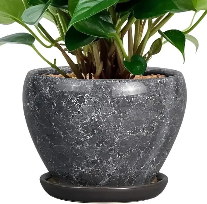 Ceramic Planter - 6 Inch Plant Pot with Drainage Hole and Saucer, Succulent Pot Glaze Round Flower Pot for Indoor Outdoor Plants, Gray by GreenHaven Gardens
