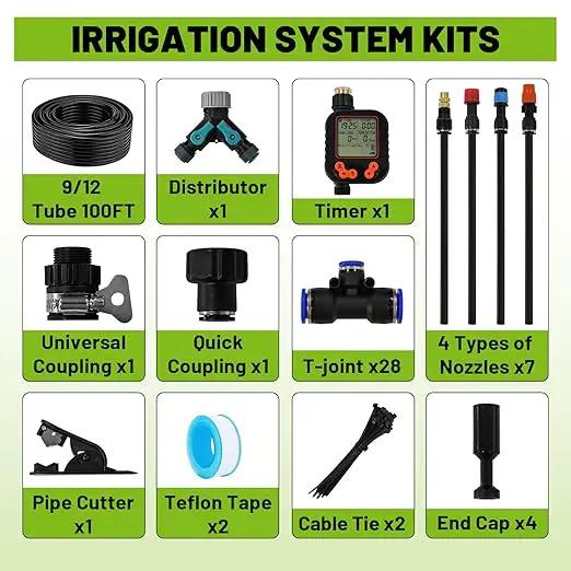 Garden Drip Irrigation Kit, 100ft Black Hose, 360° Pure Copper Closeable Nozzle, Patio Misting Plant Watering Sprinkler, Faucet Separator, Sprinkler Hose Adapter (28 360° nozzles + 28 T-connectors) by GreenHaven Gardens
