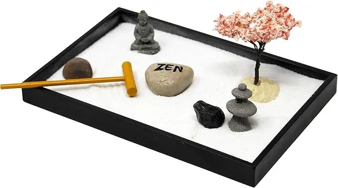 Nature's Mark Mini Zen Garden Kit for Desk with Rake, White Sand, Buddha, Lantern, Black Rectangle Base, River Rocks and Mini Blossom Tree (8Lx5W C) by GreenHaven Gardens