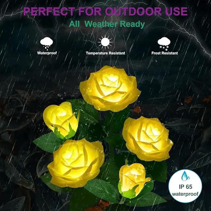 Solar Flower Lights Outdoor - Upgraded New Material Two Modes Realistic LED Solar Powered Waterproof Lights with 5 Roses, Solar Decorative Stake Lights for Garden (Yellow, 2 Pack) by GreenHaven Gardens