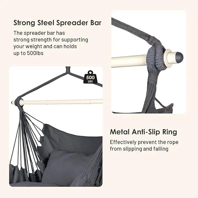 Highwild Hammock Chair Hanging Rope Swing - Max 500 Lbs - 2 Cushions Included - Steel Spreader Bar with Anti-Slip Rings - for Any Indoor or Outdoor Spaces (Grey) by GreenHaven Gardens