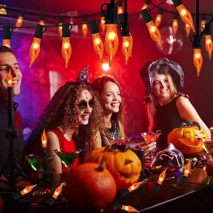 Halloween Lights Flickering Flame String Lights with 12 Pack C7 Orange Flame Light Bulbs (2 Spare), 12.8Ft Orange Flame String Lights for Indoor Outdoor Home Party Yard Halloween Decorations by GreenHaven Gardens