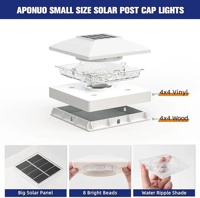 APONUO Solar Post Cap Lights for 4x4 Wood & Vinyl Posts, IP44 Waterproof Cool White LED 4x4 Post Solar Lights, Outdoor Garden Patio Yard Decor, 8 Pack (White) by GreenHaven Gardens