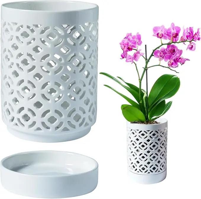 Orchid Pot 4 Inch, Orchid Pots with Holes & Saucers for Repotting, Breathable Slotted Orchid Pots Flower Plant Nursery Pot White by GreenHaven Gardens