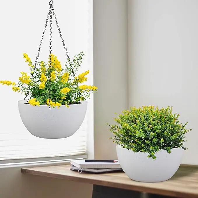 10 inch Hanging Planters for Indoor Outdoor Plants, 2 Pack Hanging Flower Pots with Drainage Holes and Chain for Garden Balcony Porch, Round Plastic Hanging Baskets for House Plants, White by GreenHaven Gardens
