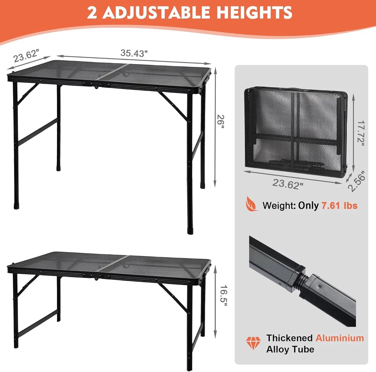 Camping Table with Mesh Desktop, Lightweight & Portable Folding Grill Table, Height Adjustable Metal Outdoor Table for Camp, Cooking, BBQ, RV, Picnic-3 FT Black by GreenHaven Gardens
