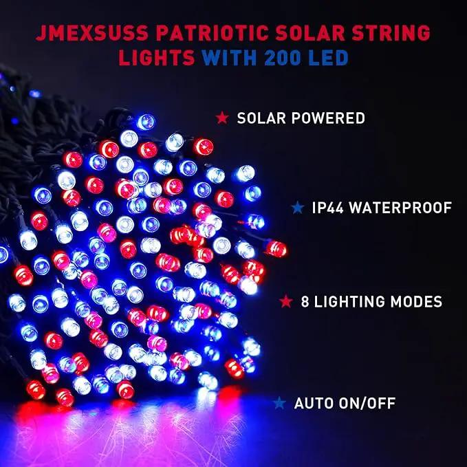 JMEXSUSS 2 Pack Red White and Blue Solar Lights 100LED 33ft Patriot Solar String Lights Waterproof, 8 Modes 4th of July Lights for Independence Day, Gardens, Tree, Outdoor 4th of July Decorations by GreenHaven Gardens