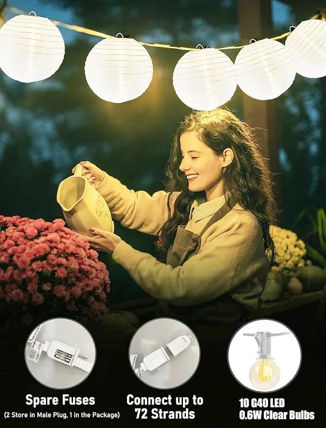 Lantern String Lights Outdoor, 27.5FT White Lantern String Lights Plug in with 10 Nylon Lanterns and G40 LED Bulbs, Hanging Light Strings Waterproof for Indoor Bedroom Outdoor Patio Wedding Party by GreenHaven Gardens